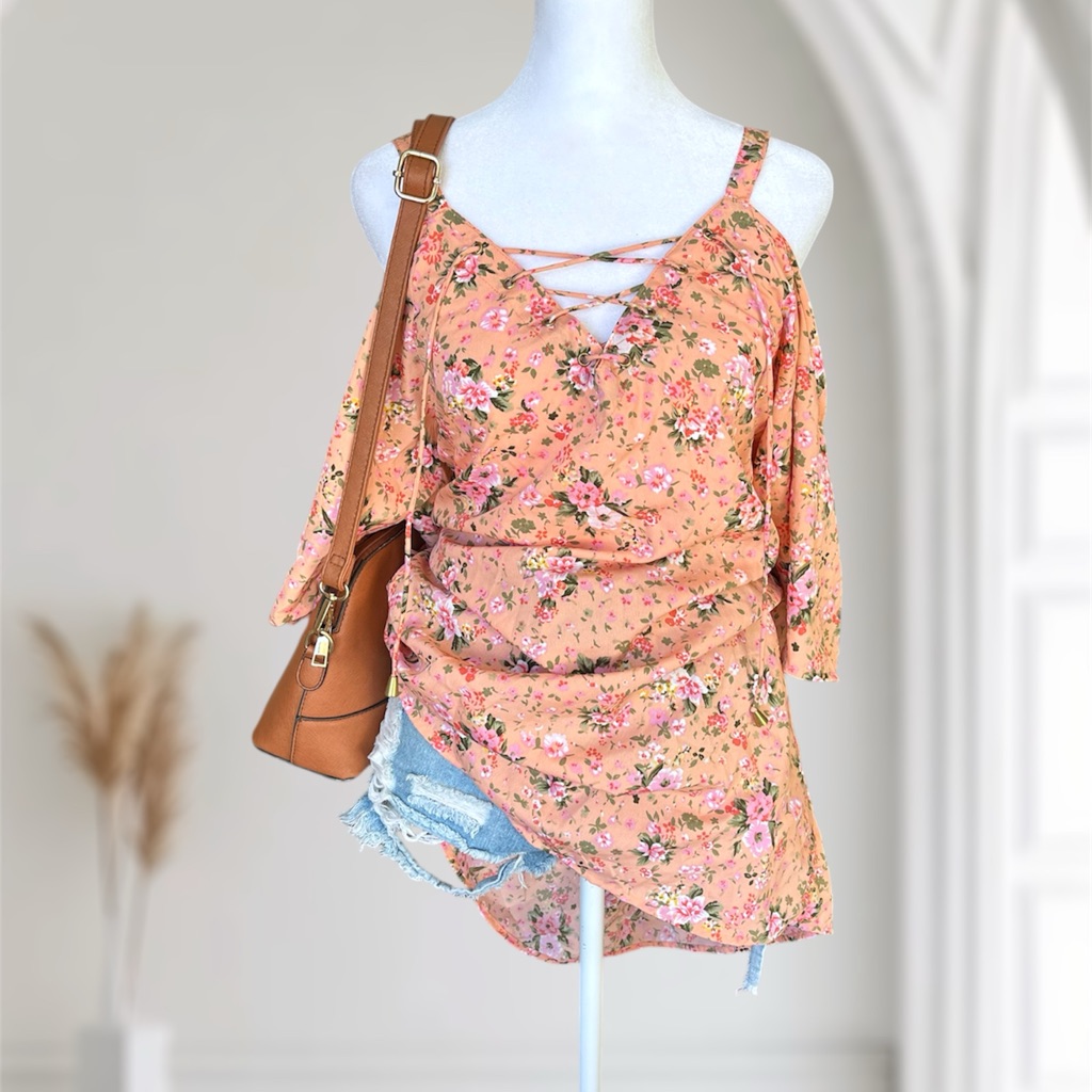 Floral Peach Cold Shoulder Top